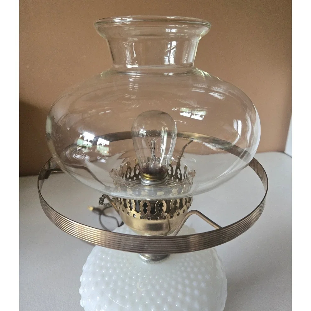 Vintage Hobnail Milk Glass Electric Hurricane Lamp White Glass Brass Accent